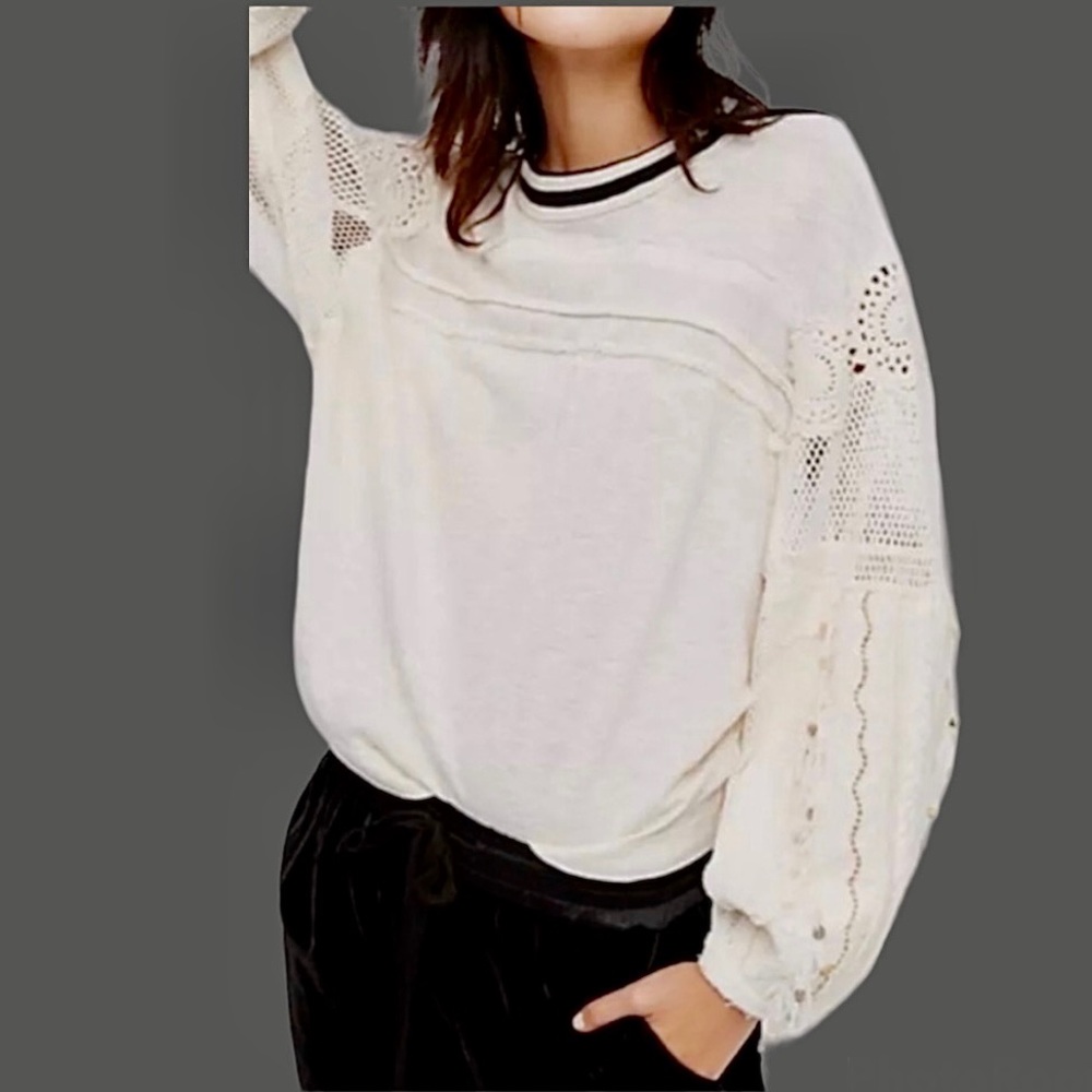 Free People Marakesh Embellished Top Ivory with Crochet. Crew neck.